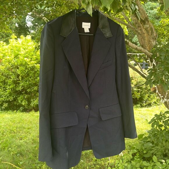 Club Monaco Navy Blazer with Leather Collar in Classic Suit Jacket - Picture 1 of 6
